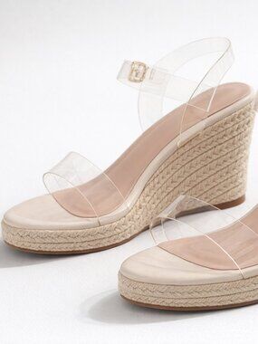 Clear Strap Espadrille Wedge Sandals in Cream